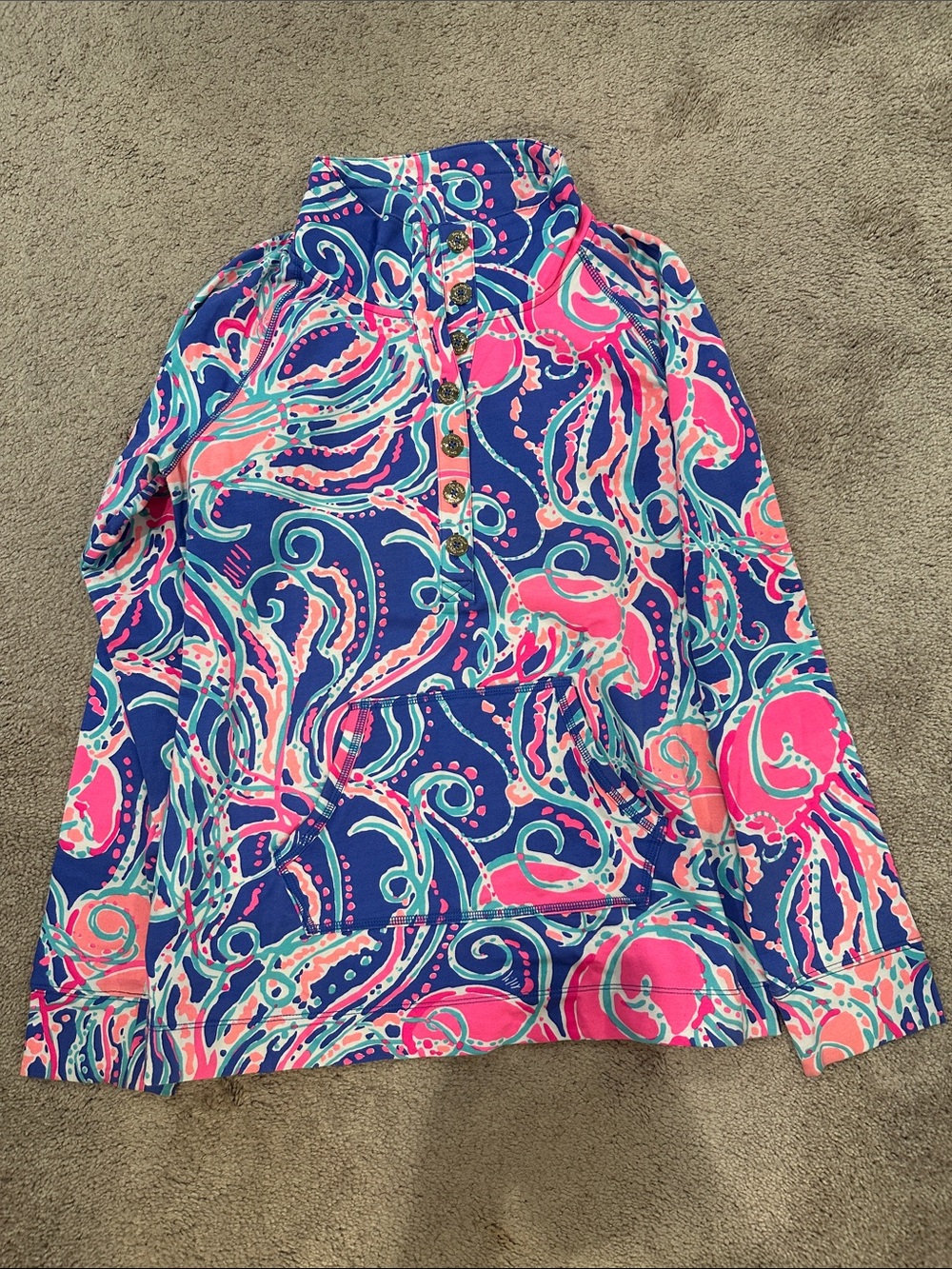 Lilly Pulitzer Navy Pullover with Pink & Teal Swirl Print